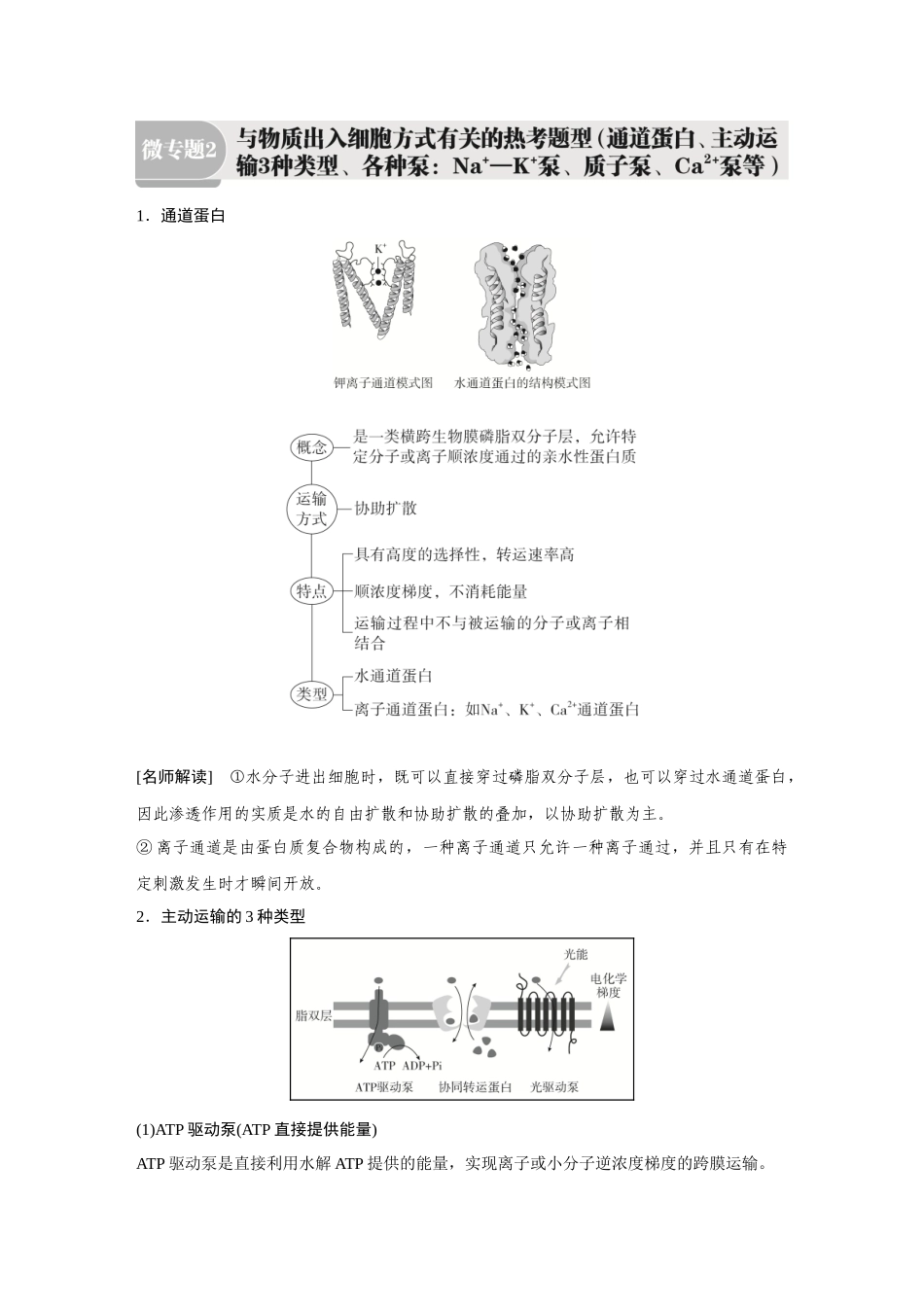 2026《金版教程》高考复习方案生物经典单选版-第二单元 徽专题2 与物质出入细胞方式有关的热考题型(通道蛋白、主动运输3种类型、各种泵:Na+ —K +泵、质子泵、Ca2+泵等).docx_第1页