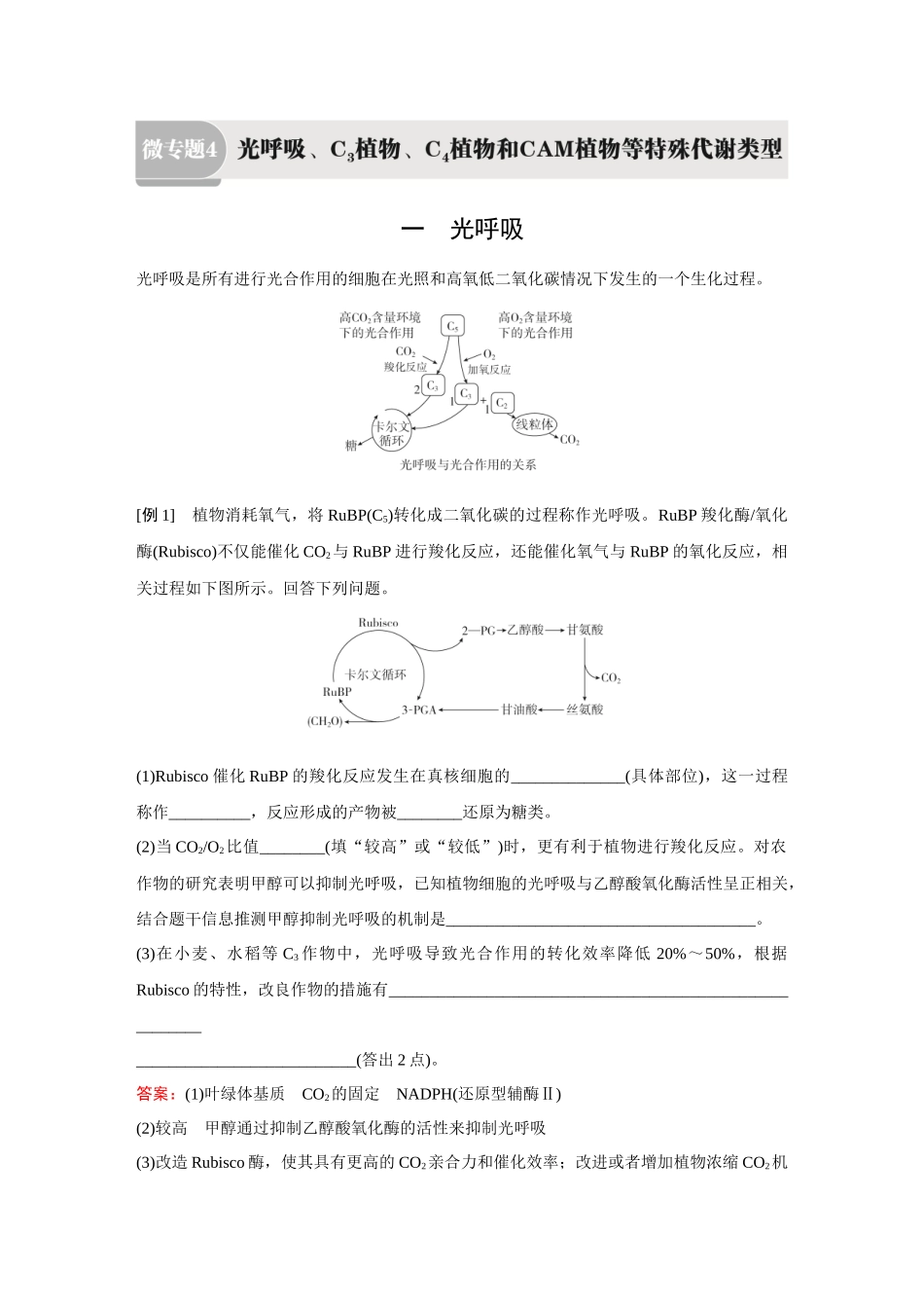 2026《金版教程》高考复习方案生物经典单选版-第二单元  微专题4  光呼吸、C3植物、C4植物和CAM植物等特殊代谢类型.docx_第1页