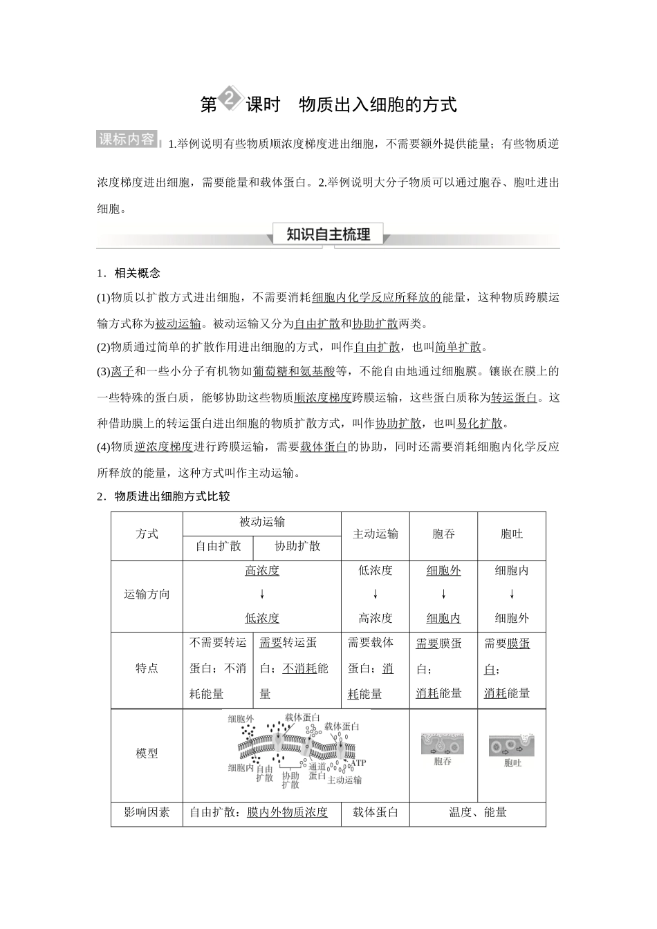 2026《金版教程》高考复习方案生物经典多选版-第二单元 第2课时 物质出入细胞的方式.docx_第1页