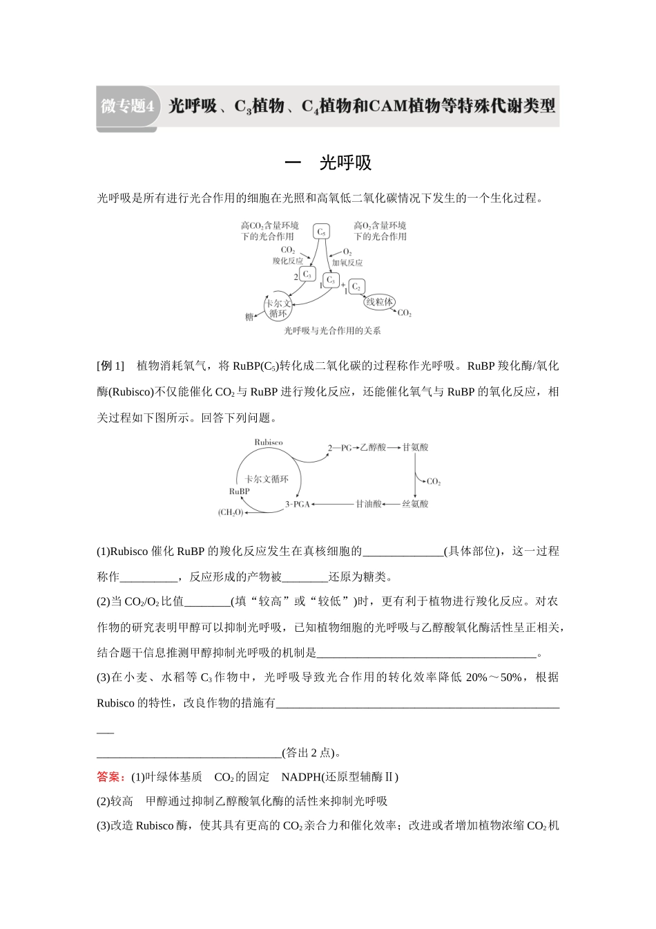 2026《金版教程》高考复习方案生物经典多选版-第二单元  微专题4  光呼吸、C3植物、C4植物和CAM植物等特殊代谢类型.docx_第1页