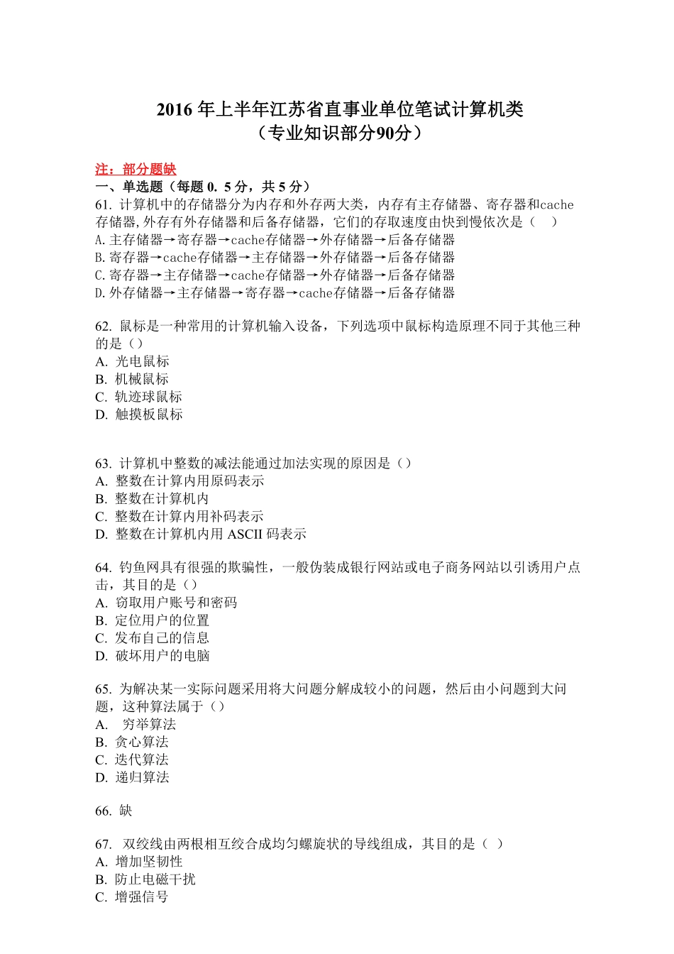 2016上江苏省事业单位统考(计算机岗)专业部分真题+解析.pdf_第1页