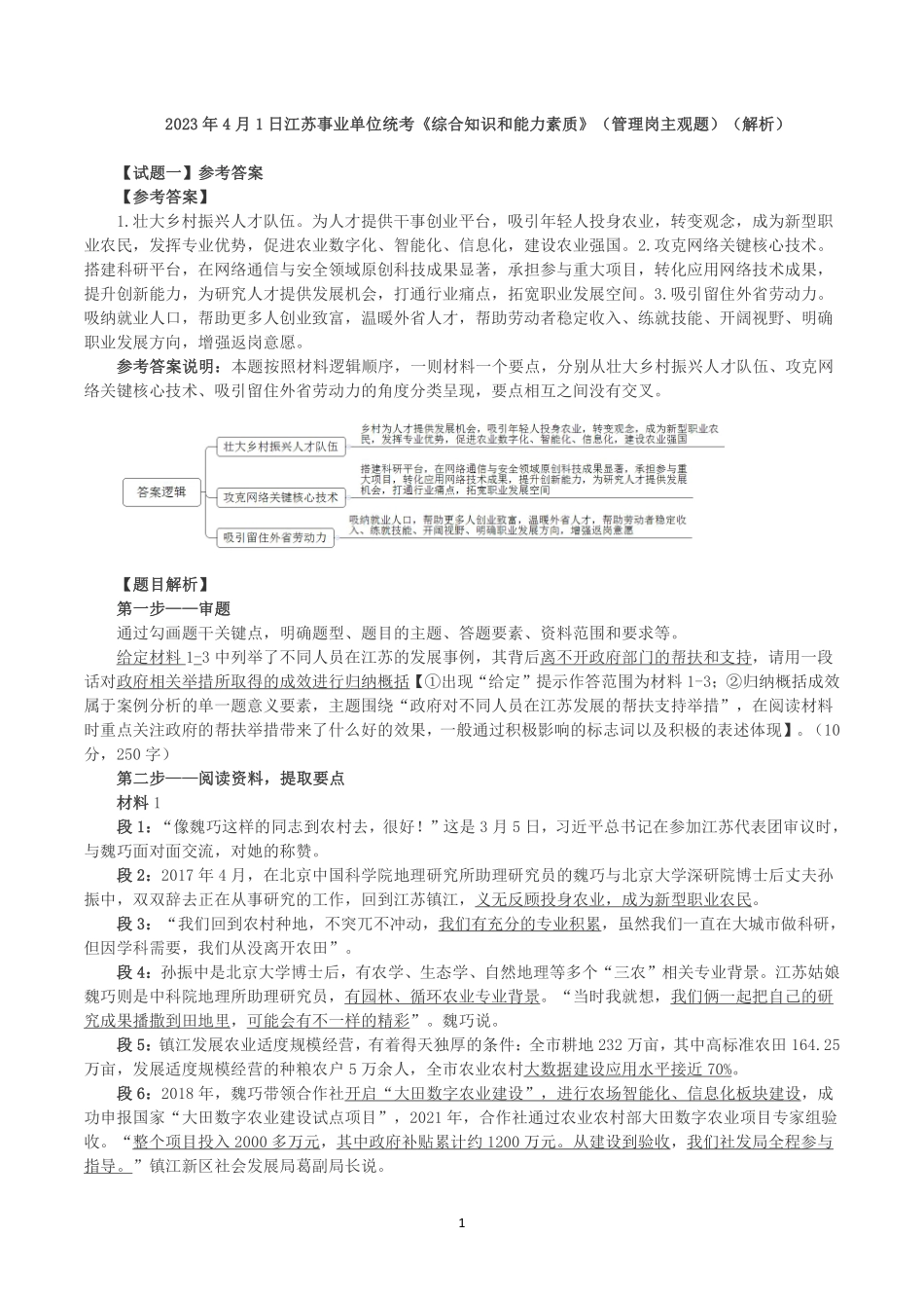 2023年4月1日江苏事业单位统考《综合知识和能力素质》（管理岗主观题）（解析）.pdf_第1页