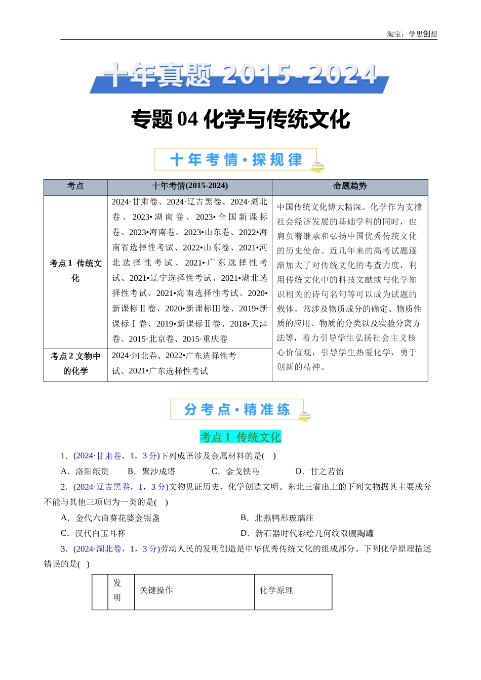 高考专题04 化学与传统文化(原卷版).docx_第1页