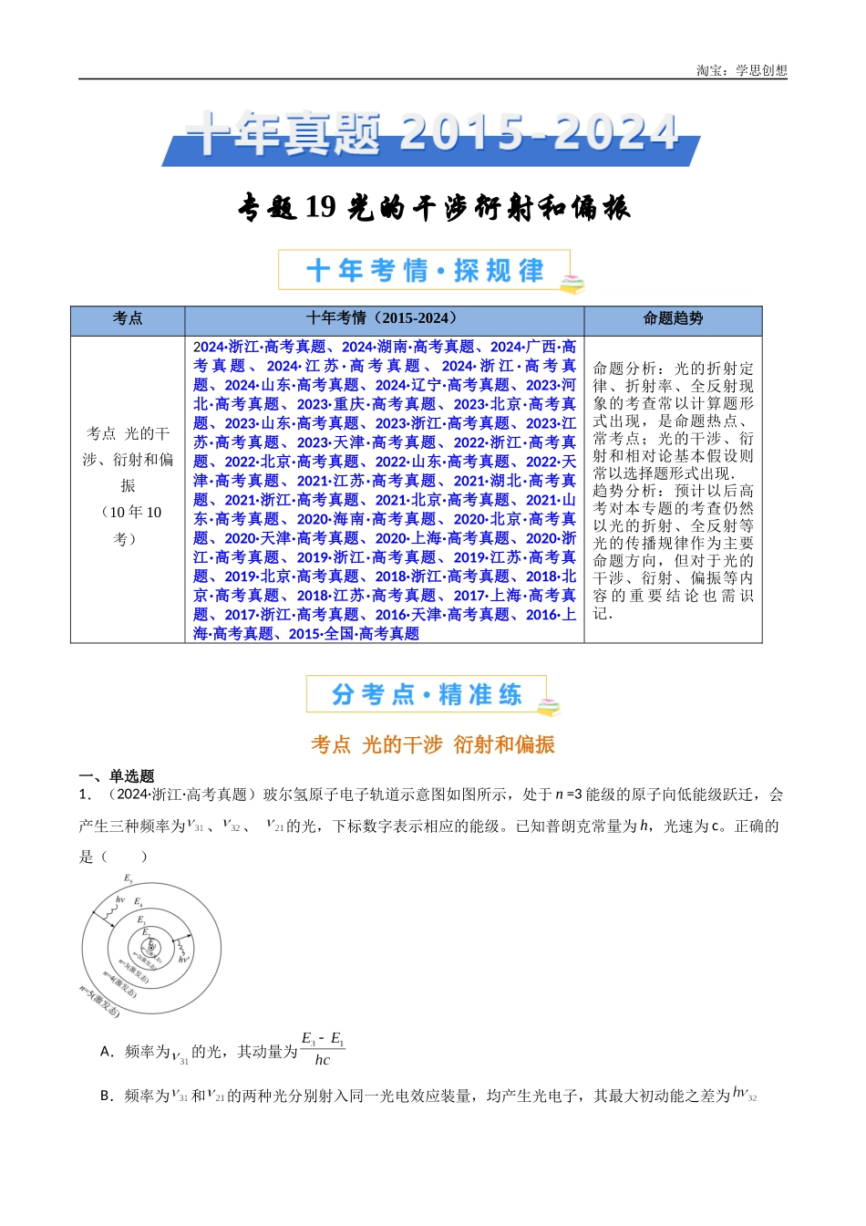 高考专题19 光的干涉衍射和偏振  -（2015-2025）高考物理真题分类汇编（全国通用）（原卷版）.docx_第1页