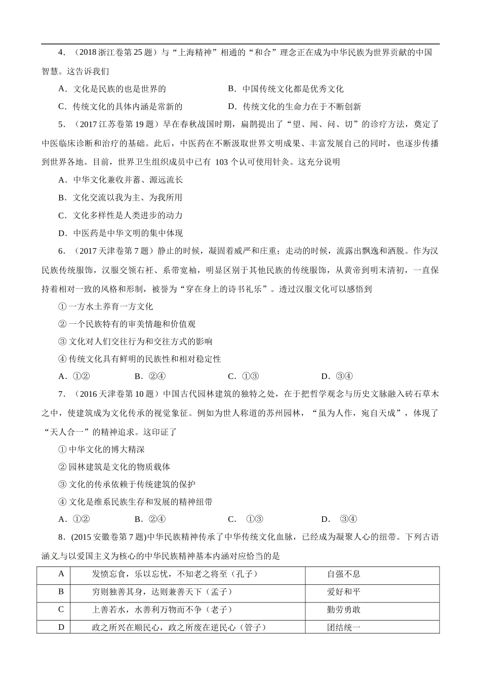 高考专题十一 中华文化与民族精神(原卷版).docx_第2页