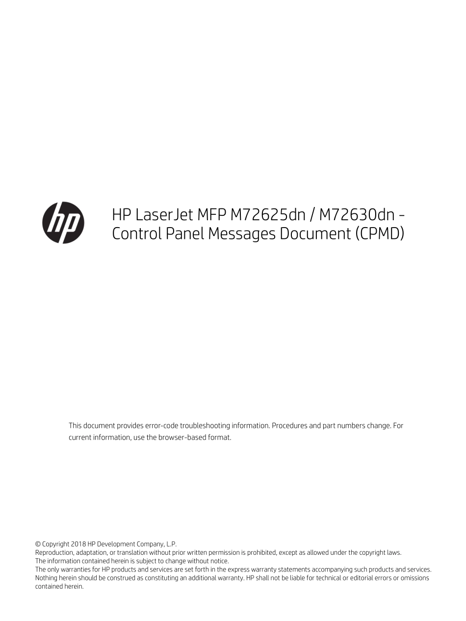 惠普 LaserJet MFP M72625dn M72630dn 黑白复印机英文面板信息及报错信息.pdf_第1页