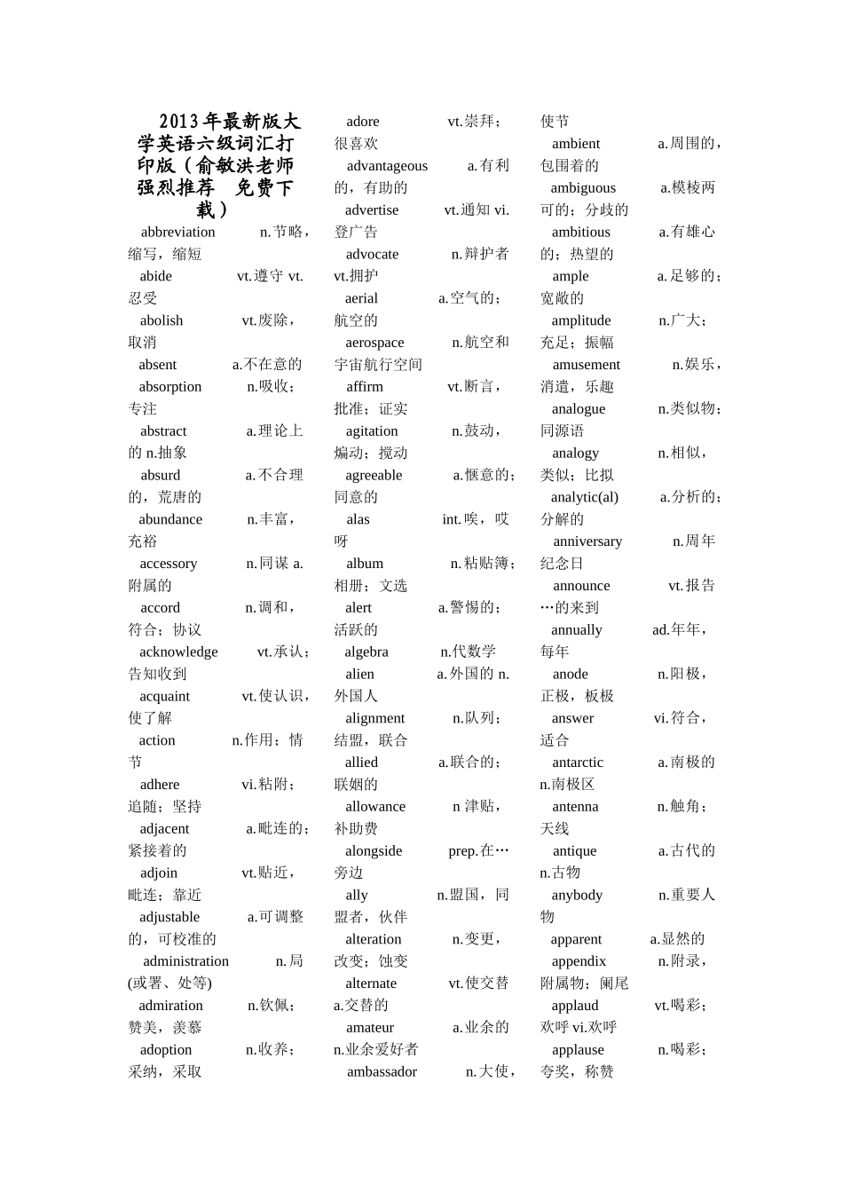 2013年最新版大学英语六级词汇打印版(俞敏洪老师强烈推荐).doc_第1页