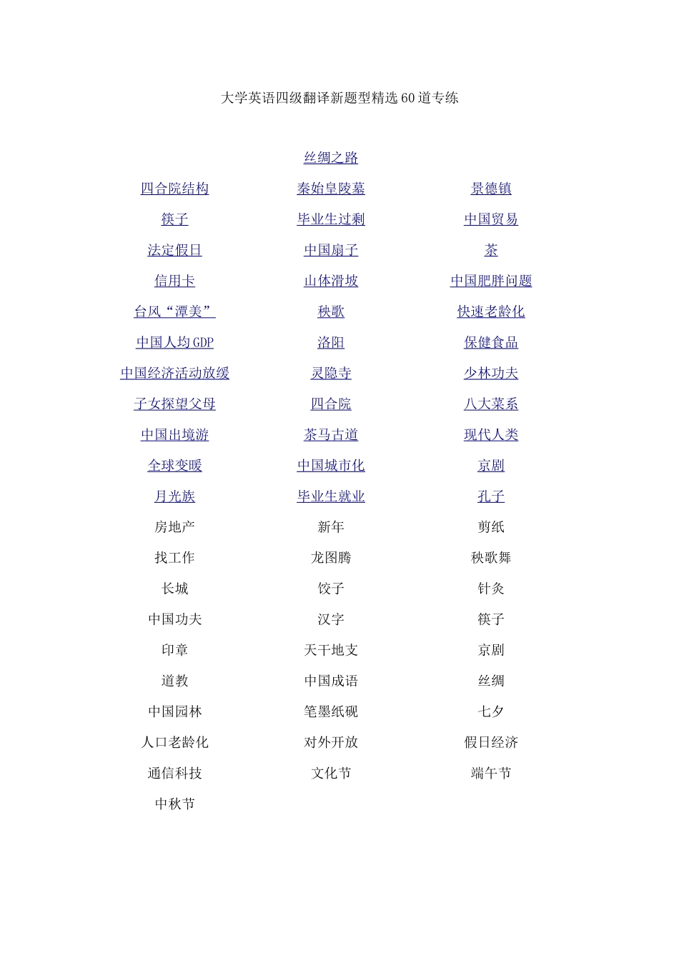 大学英语四级翻译新题型精选60道.doc_第1页