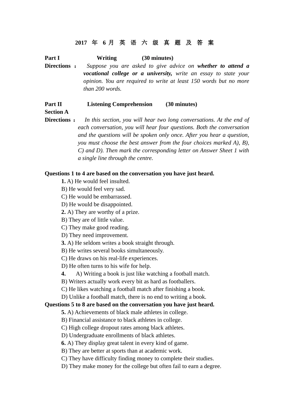 卷一 2017年6月英语六级真题及答案.docx_第1页