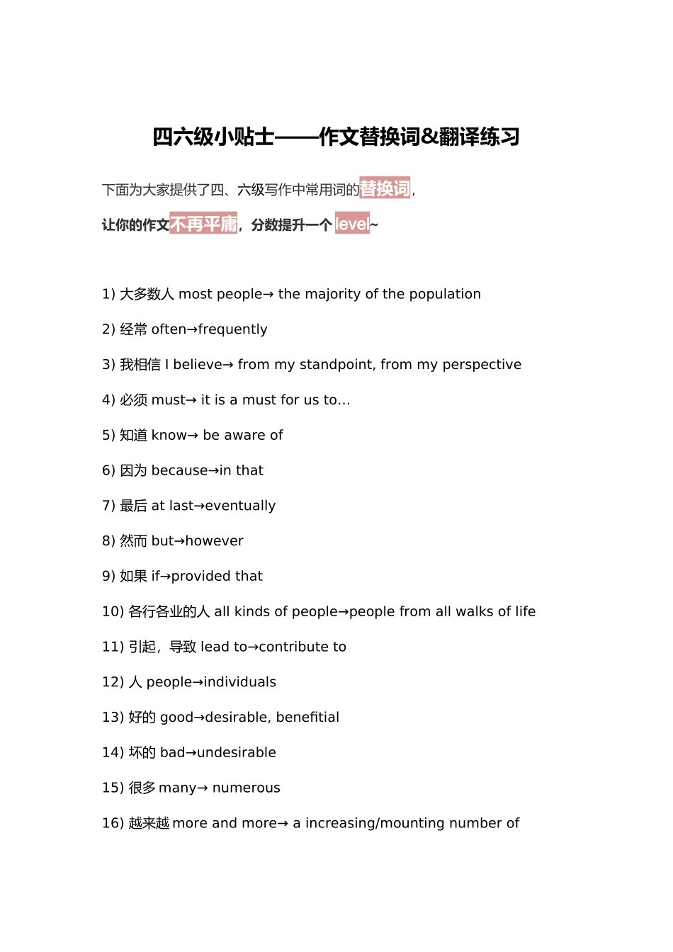 四六级小贴士:作文替换词&翻译练习.doc_第1页