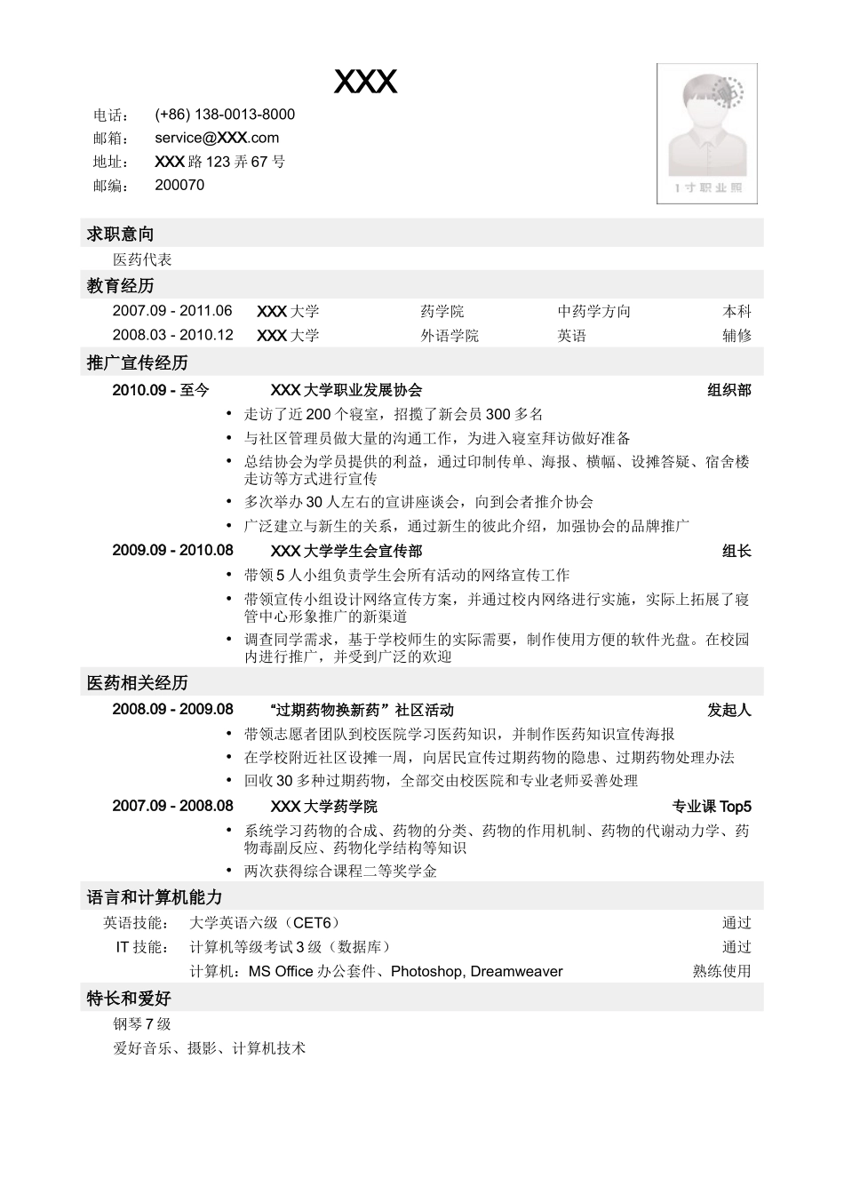 2025简历模版：乔布堂经典医药代表简历模板.doc_第1页