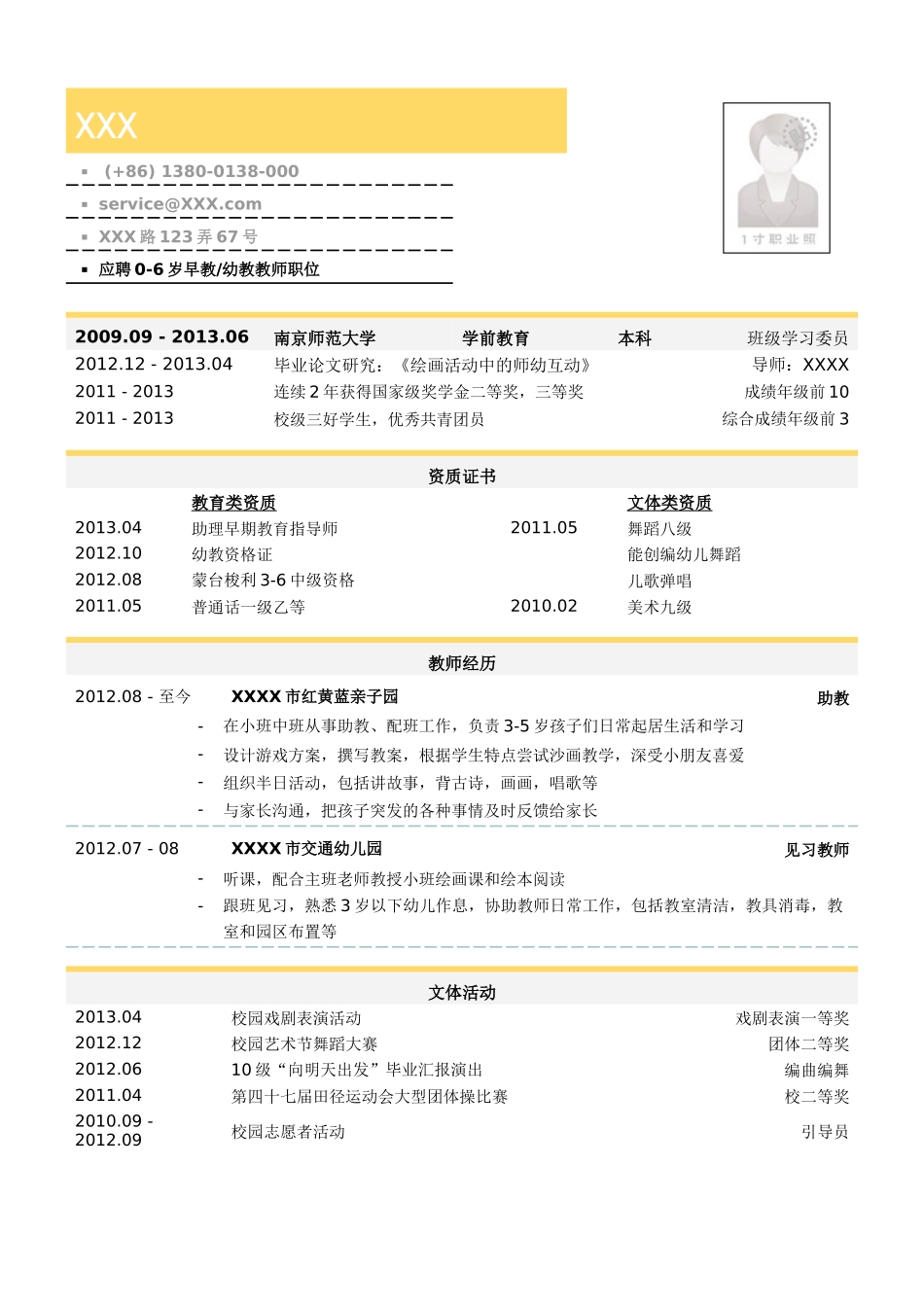 2025简历模版：学前教育（幼教和早教）教师简历模板.doc_第1页