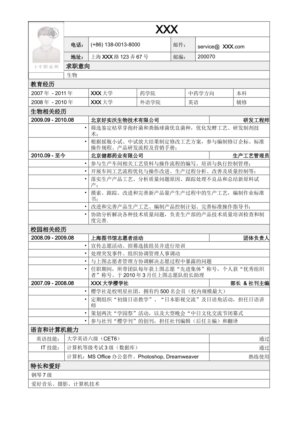 2025简历模版：应聘生物类岗位简历模板2.doc_第1页