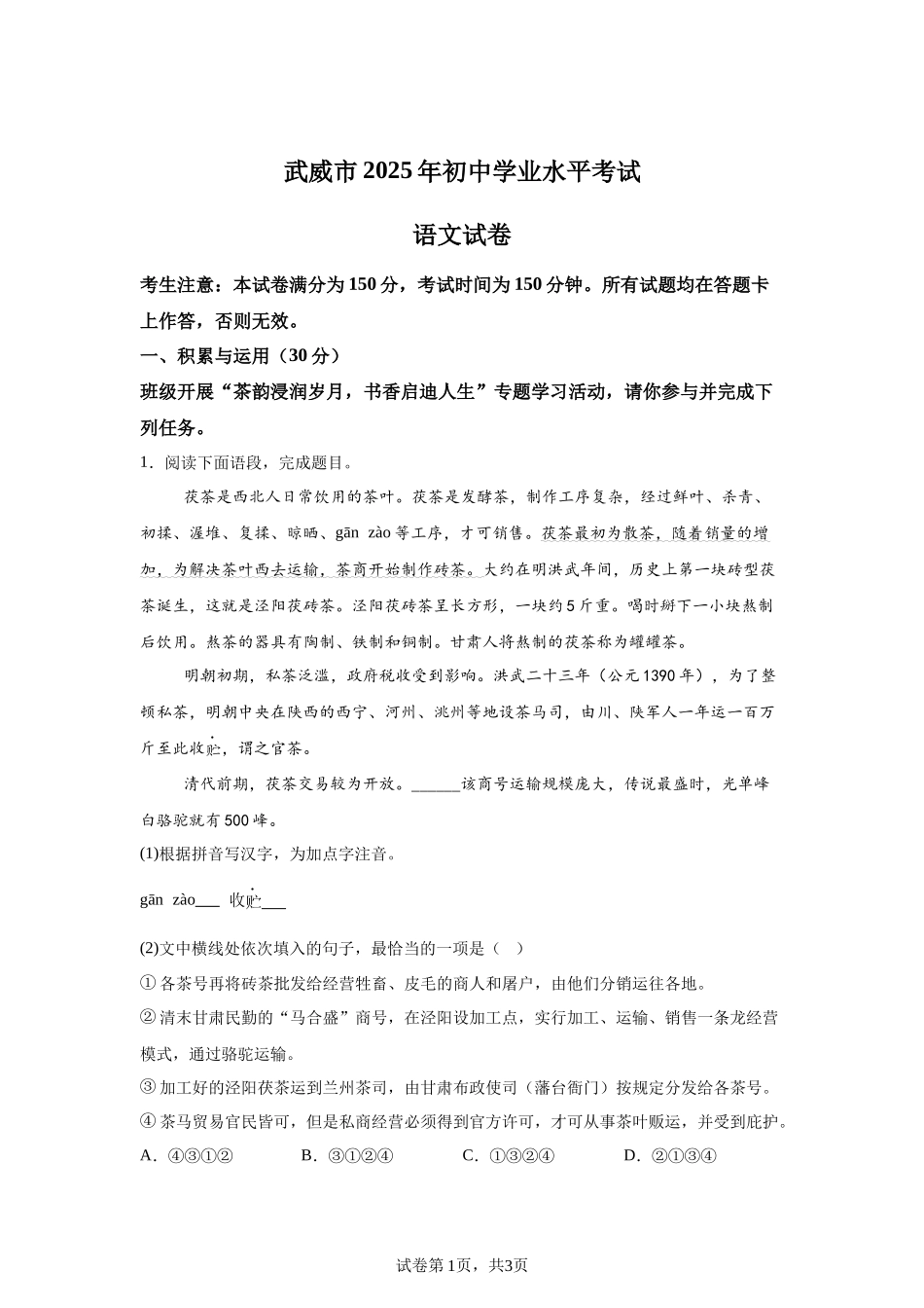 2025年甘肃省武威市中考语文真题.docx_第1页