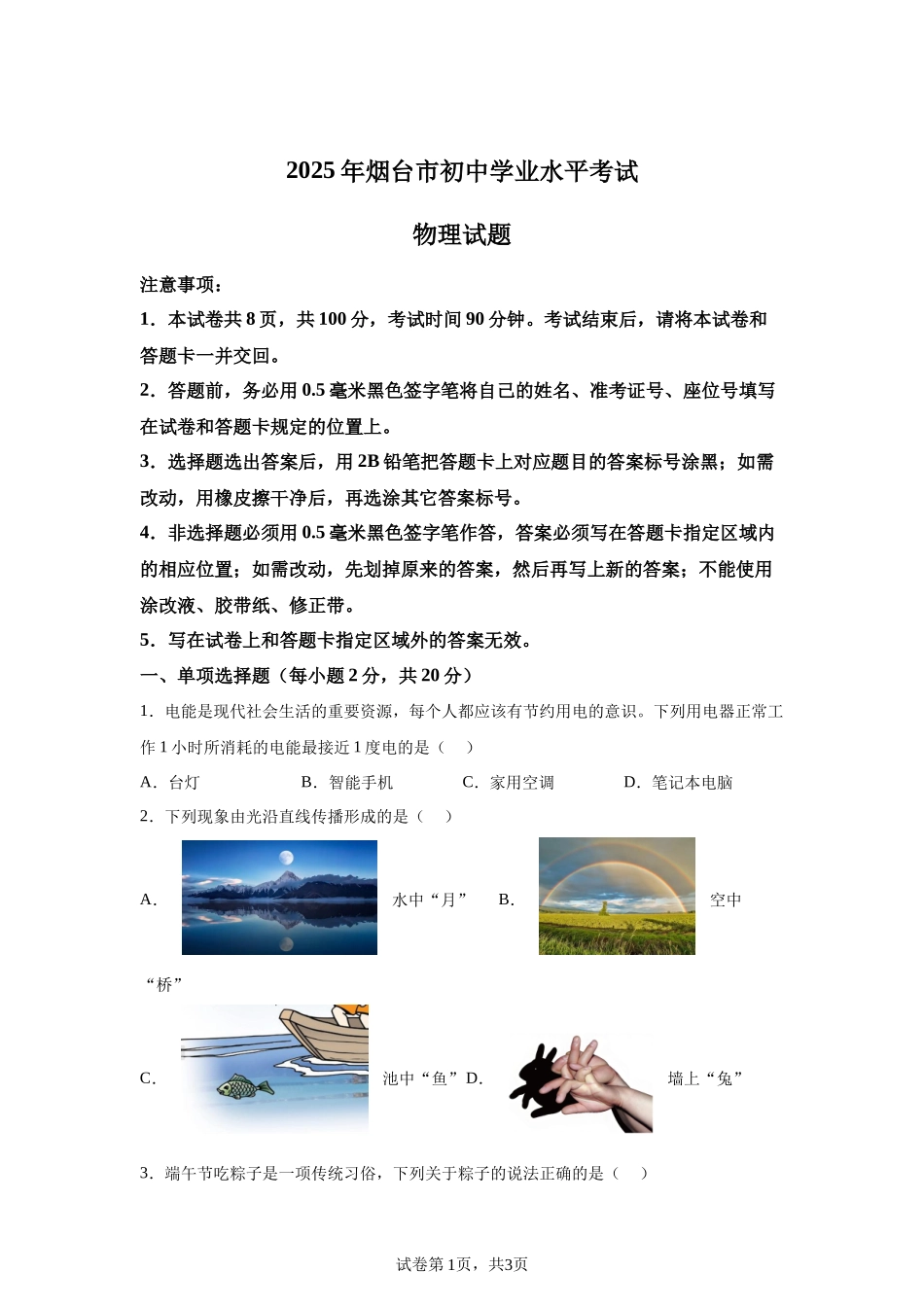 2025年山东省烟台市中考物理试题.docx_第1页