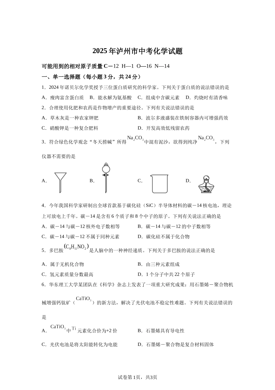 2025年四川省泸州市中考化学真题.docx_第1页