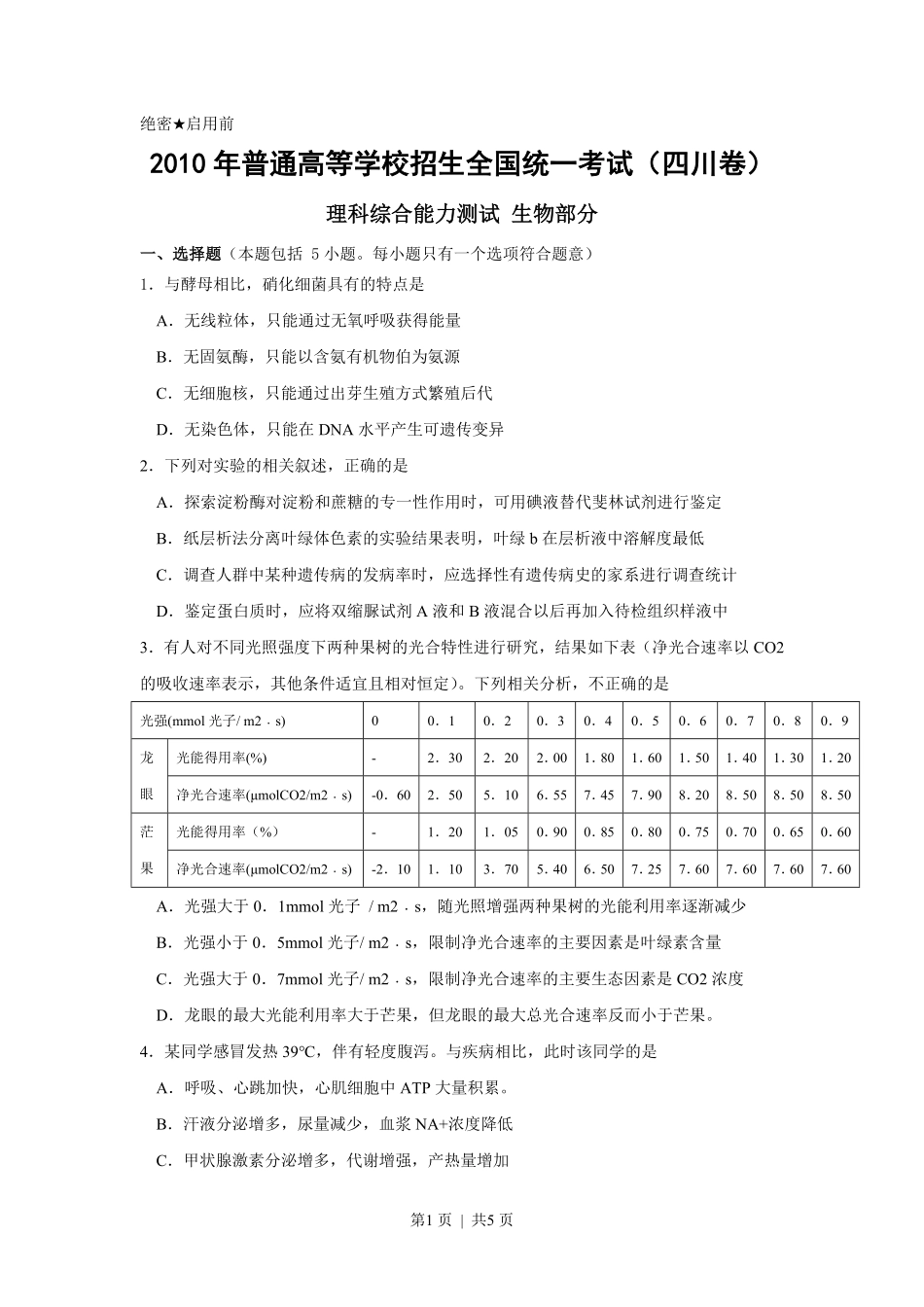 2010年高考生物试卷（四川）（空白卷）.pdf_第1页