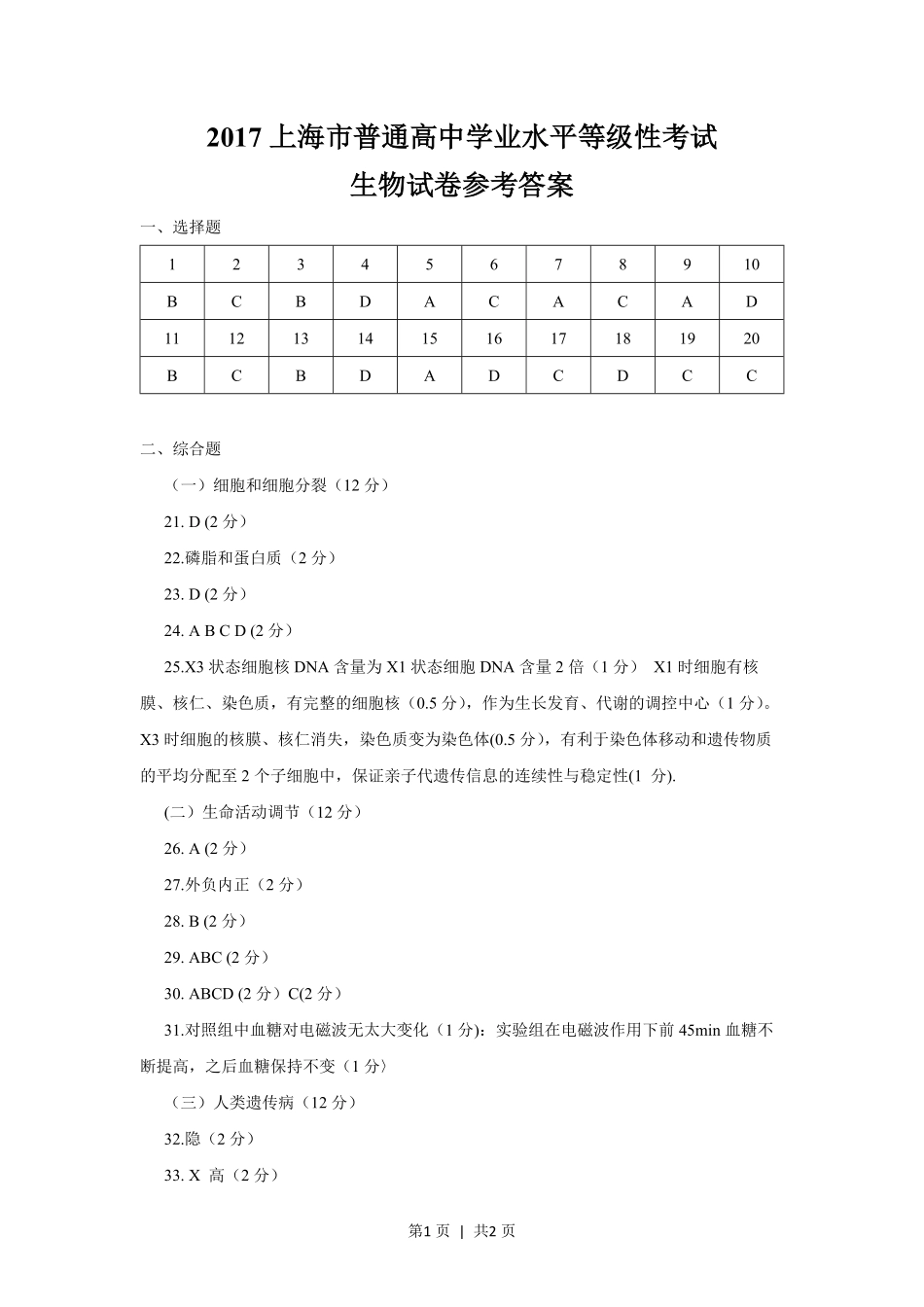 2017年高考生物试卷(上海)(答案卷).pdf_第1页