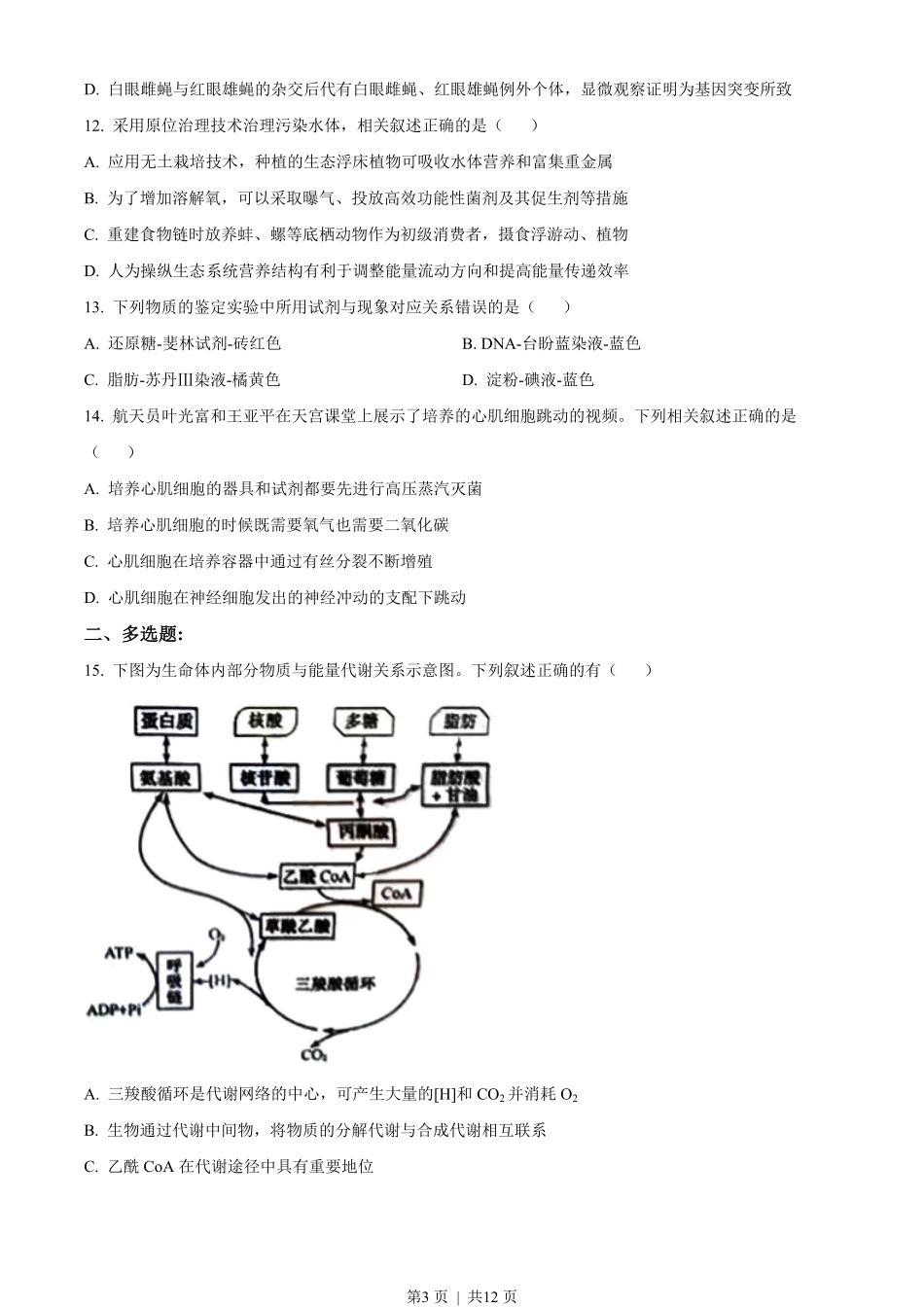 2022年高考生物试卷(江苏)(空白卷).pdf_第3页