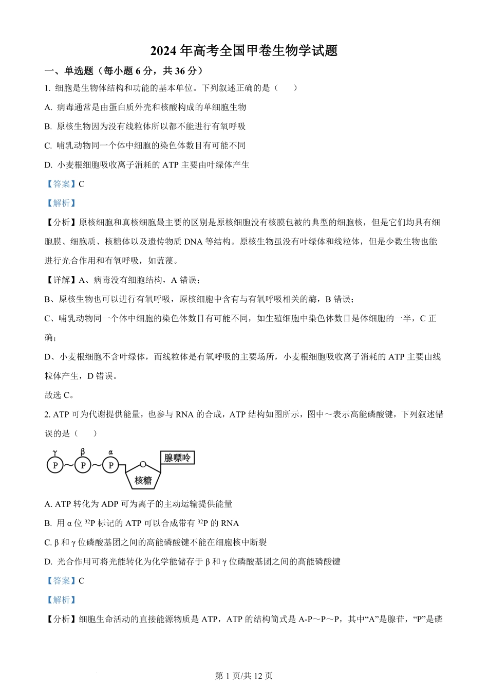 2024年高考生物试卷(全国甲卷)(解析卷).pdf_第1页