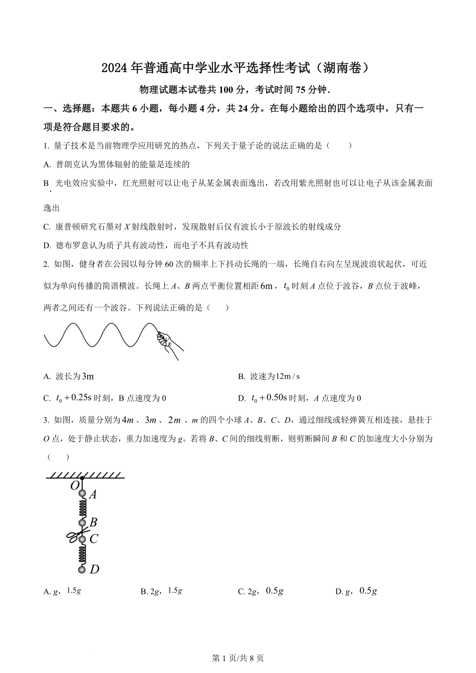 2024年高考物理试卷(湖南)(空白卷).pdf_第1页