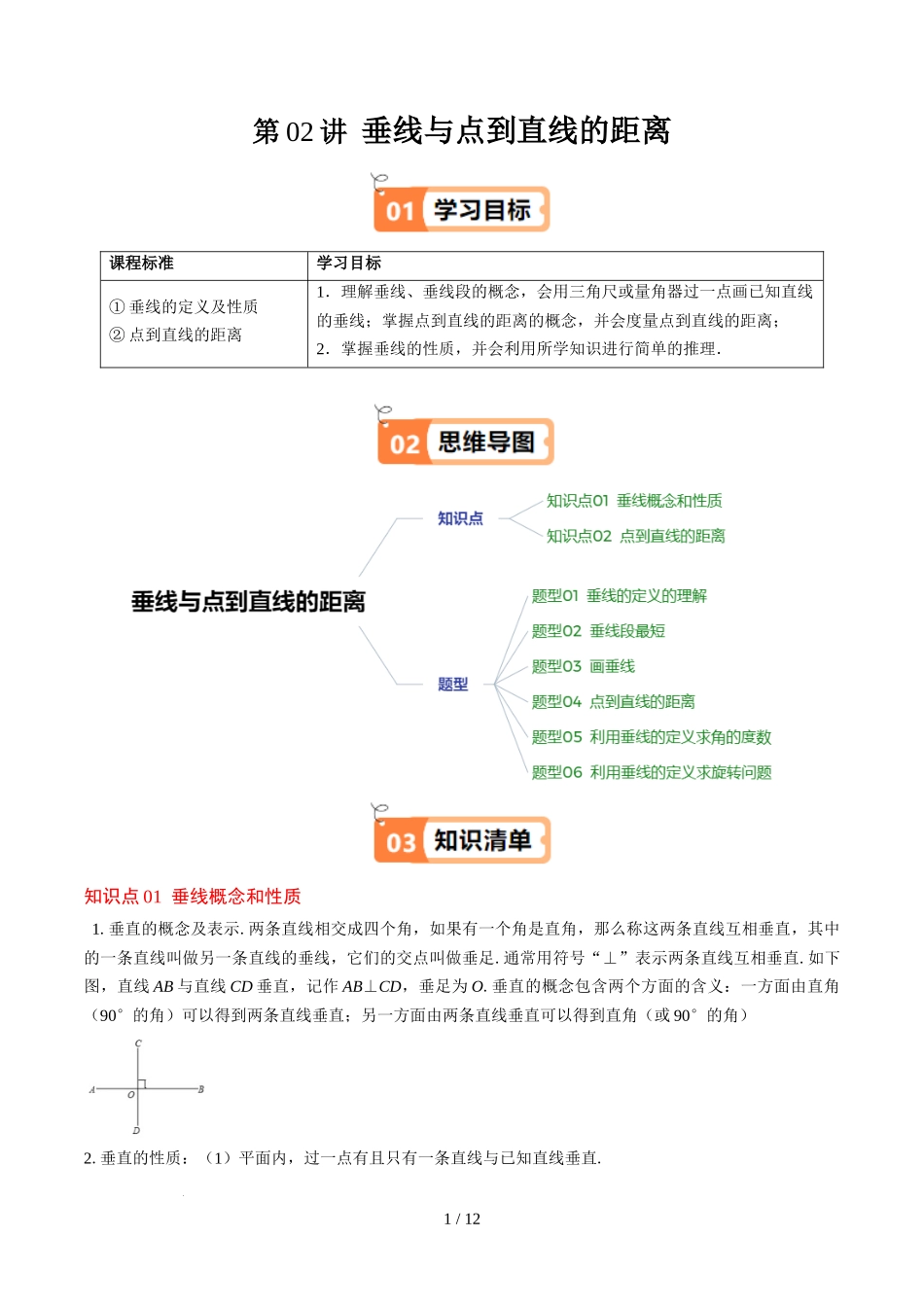 第2章第02讲 垂线与点到直线的距离(2个知识点+6类热点题型讲练+习题巩固)(原卷版).docx_第1页