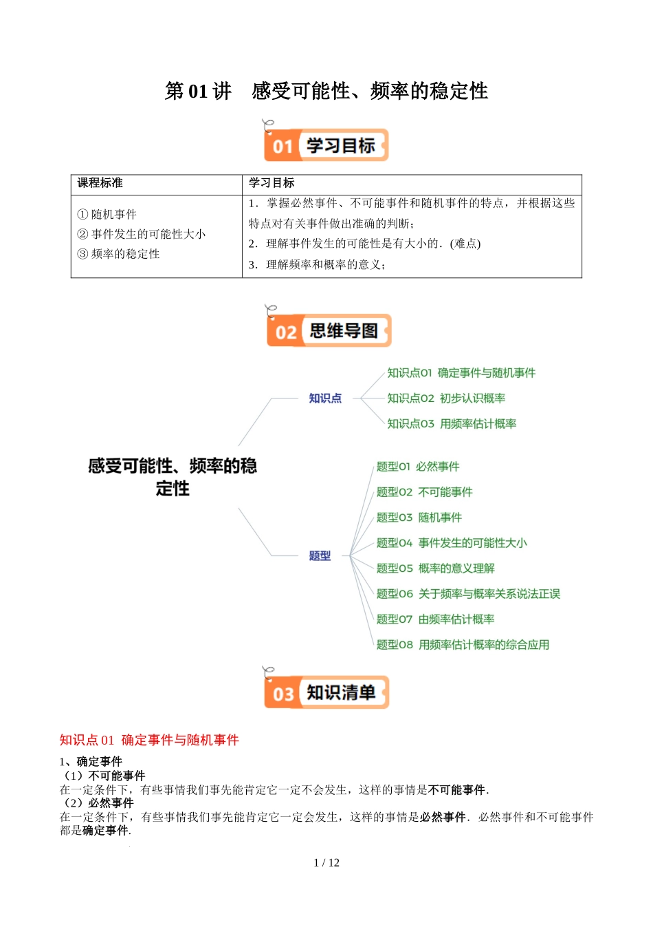 第3章第01讲 感受可能性、频率的稳定性（3个知识点+8类热点题型讲练+习题巩固）（原卷版）.docx_第1页