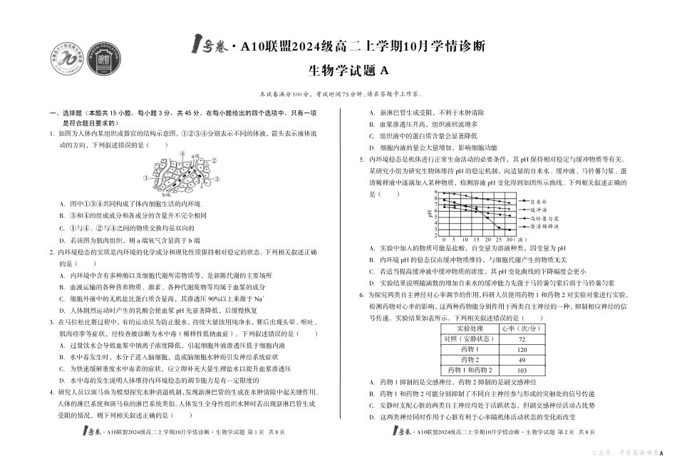 （A卷）1号卷A10联盟2024级高二上学期10月学情诊断生物学A.pdf_第1页