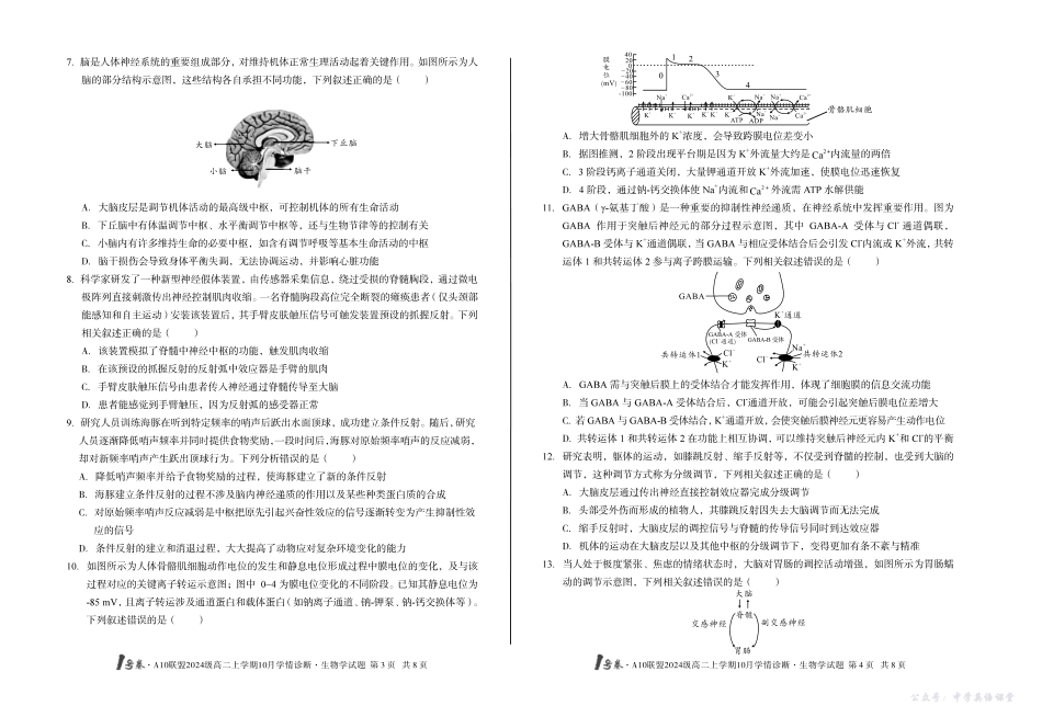 （A卷）1号卷A10联盟2024级高二上学期10月学情诊断生物学A.pdf_第2页