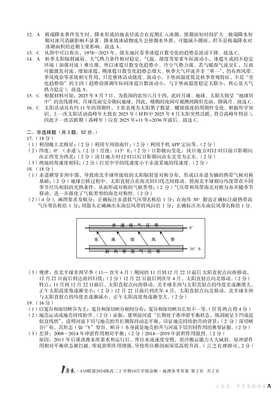 【地理】(A卷)1号卷A10联盟2024级高二上学期10月学情诊断地理答案A.pdf_第2页