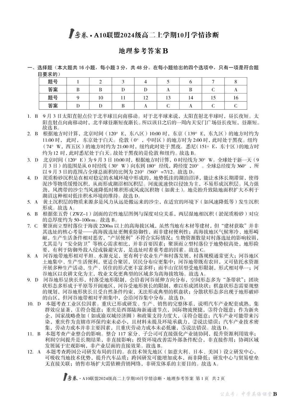 【地理】(B卷)1号卷A10联盟2024级高二上学期10月学情诊断地理答案B.pdf_第1页
