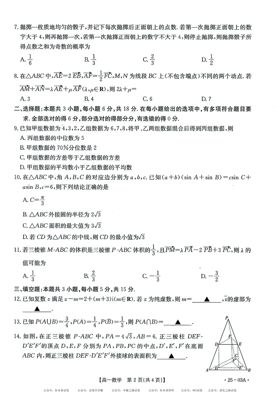 【高一】河北省名校联盟2023-2024学年高一下学期7月期末考试()数学试卷+答案.pdf_第2页