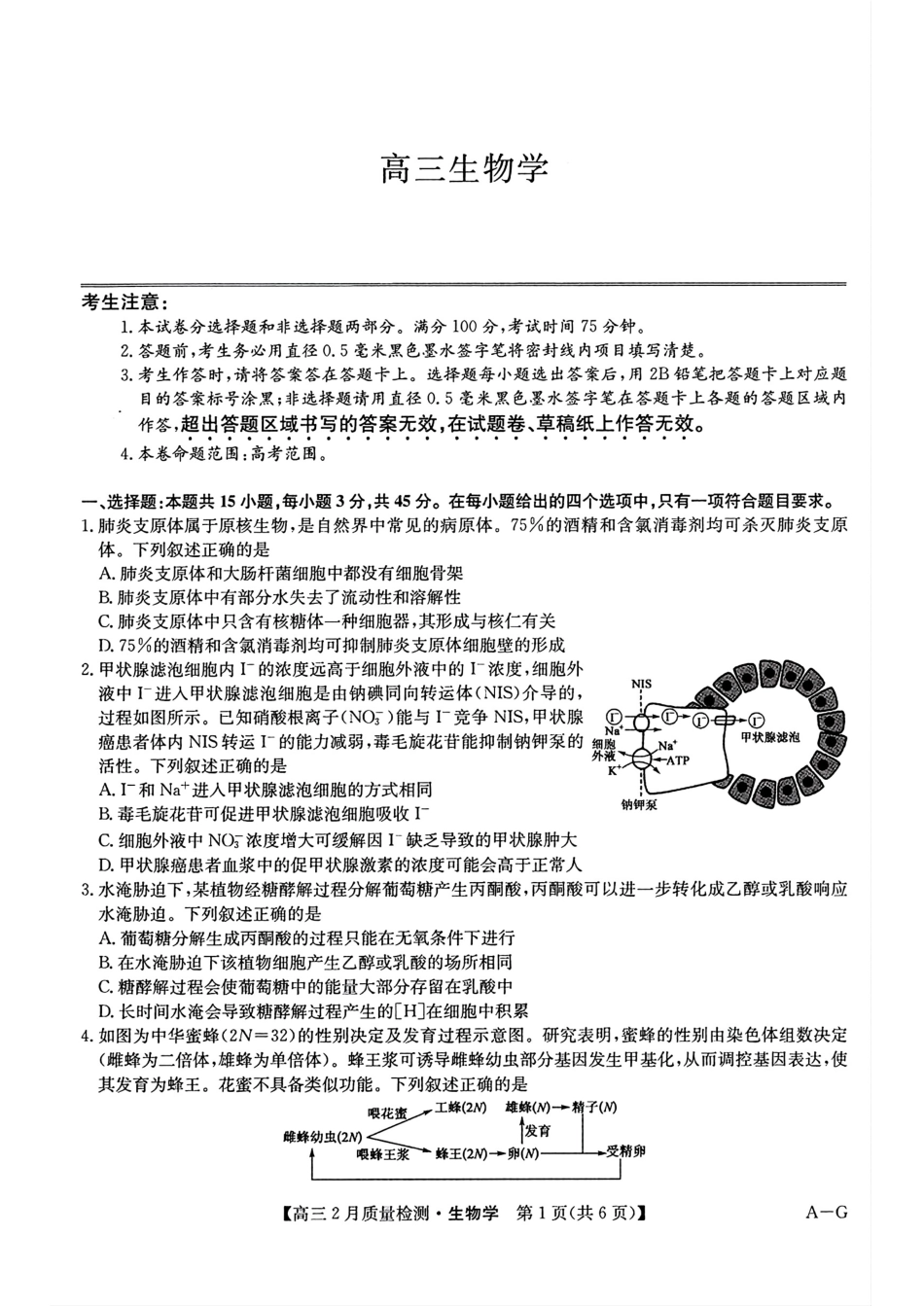 【九师联盟多考区卷】九师联盟2025届高三2月质量检测巩固卷(G)(九师一模)(3.5-3.6)生物试卷.pdf_第1页