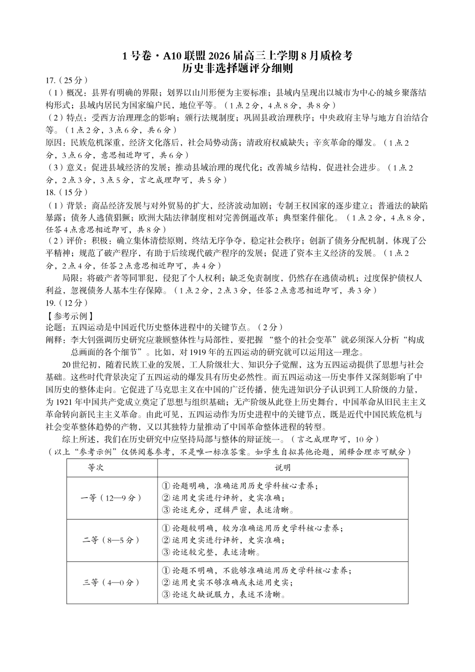 1号卷A10联盟2026届高三上学期8月底学情调研历史非选择题评分细则.docx_第1页