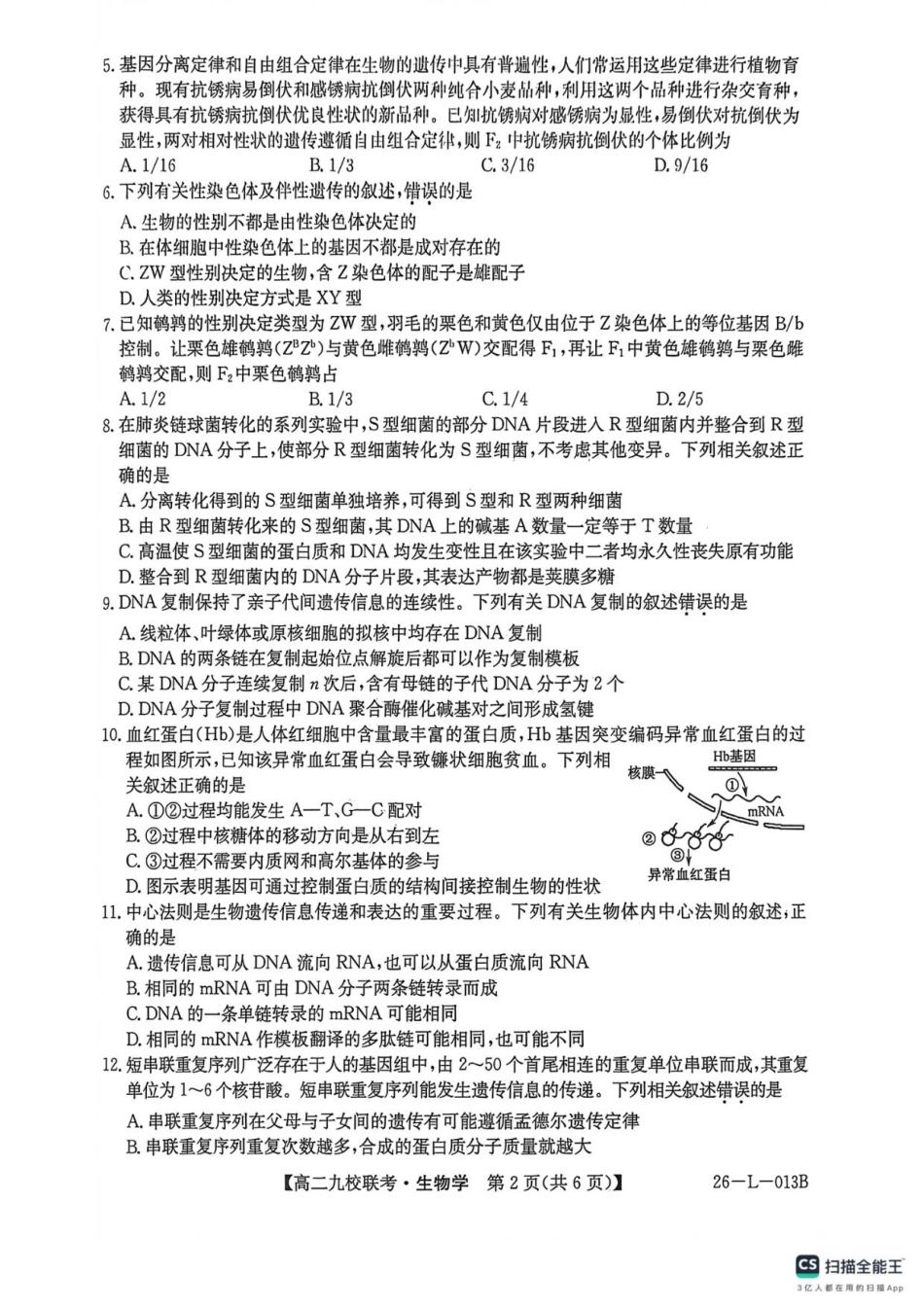 26-L-013B2025-2026学年高二上学期期初联考生物试题.pdf_第2页