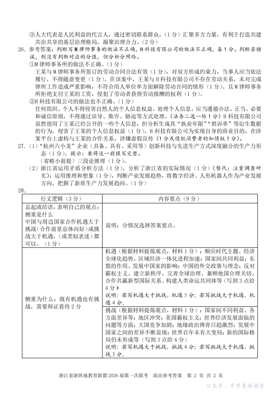 26届新阵地教育联盟国庆返校考政治答案.pdf_第2页