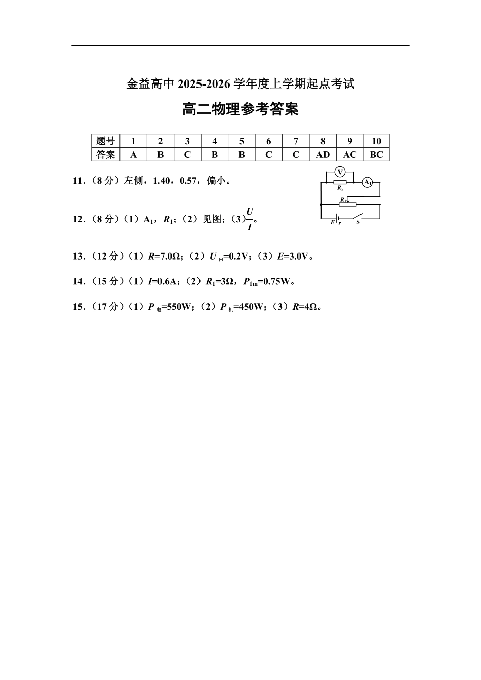 2025-2026学年上学期起点考试物理答案.pdf_第1页