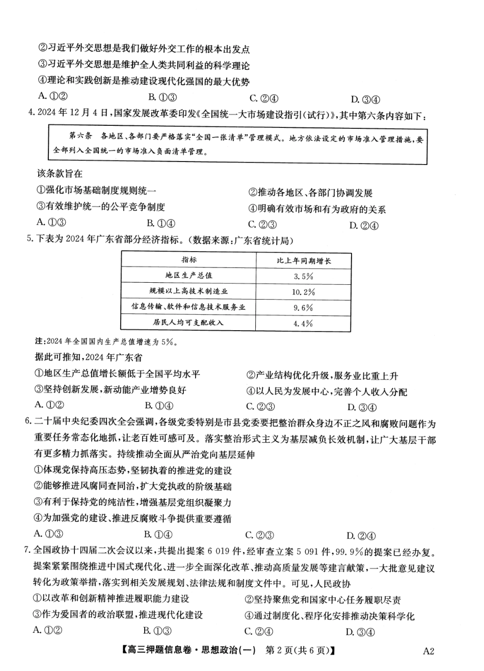 2025版百师联盟高考《信息押题卷》信息卷一政治试卷.pdf_第2页