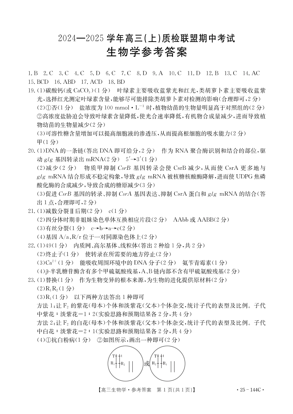 2025届河北邢台质检联盟高三11月期中考试(25-144C)生物答案.pdf_第1页