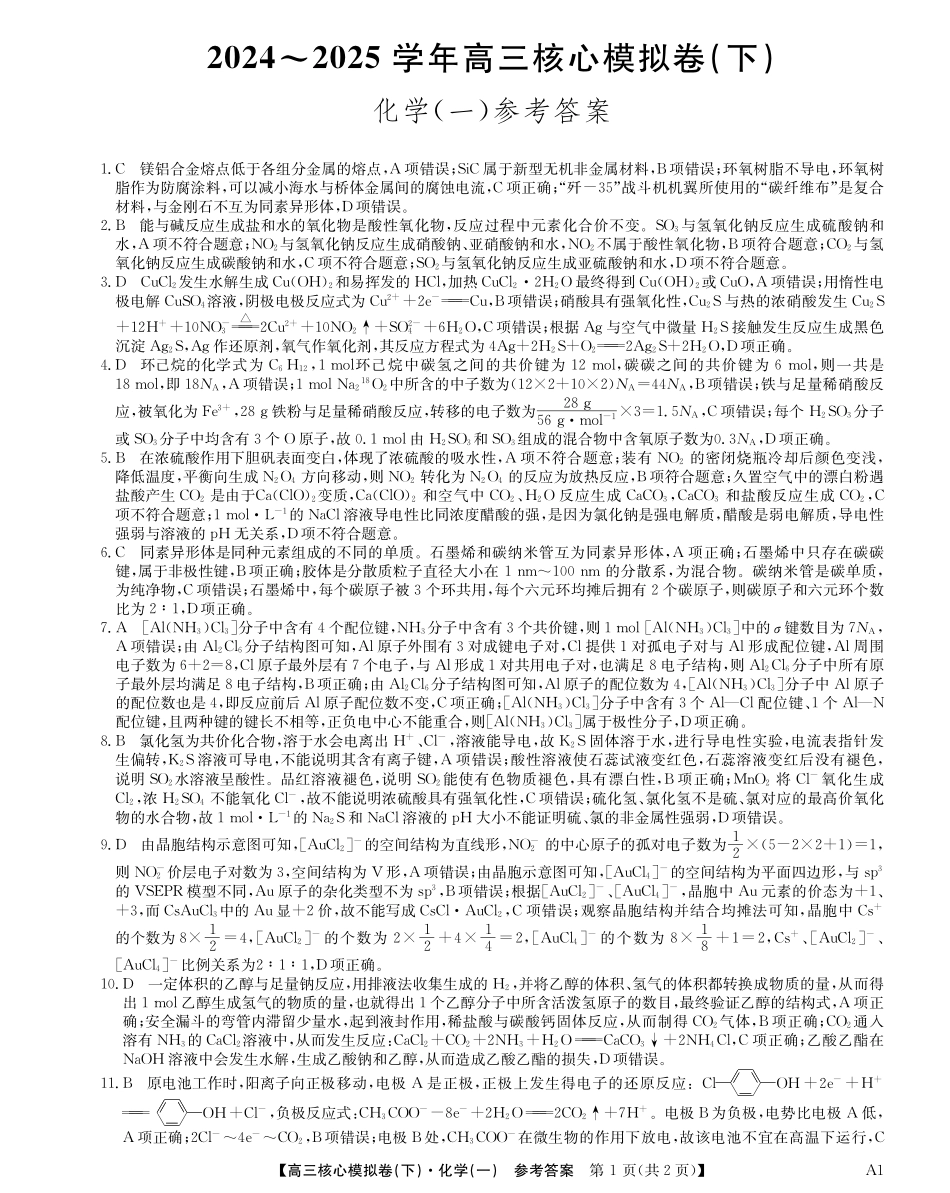 2025届九师联盟核心模拟卷(下)(一)(样卷)化学试卷答案.pdf_第1页
