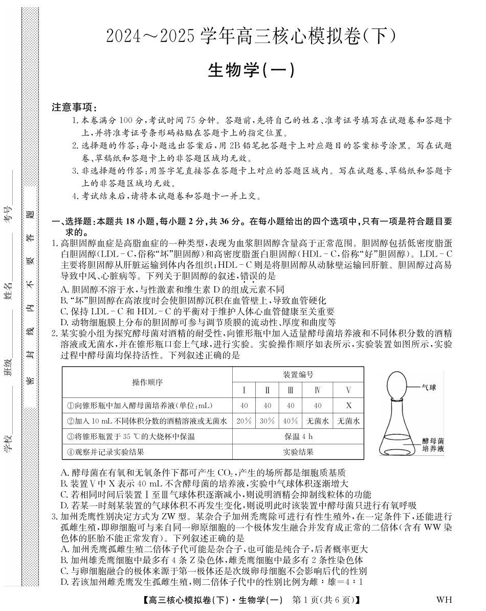 2025届九师联盟核心模拟卷（下）（一）（样卷）生物试卷.pdf_第1页