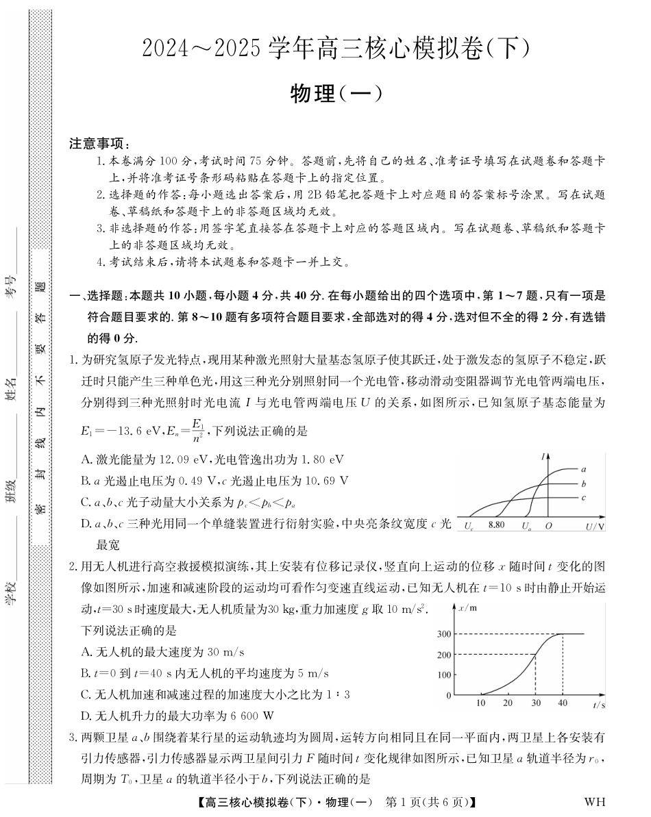 2025届九师联盟核心模拟卷(下)(一)(样卷)物理试卷.pdf_第1页