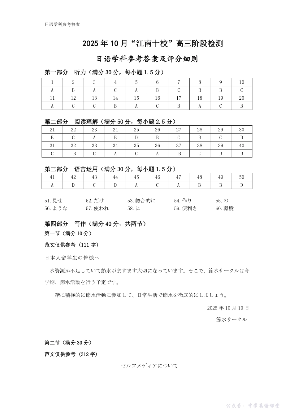 2025年“江南十校”新高三第一次综合素质检测日语答案.pdf_第1页