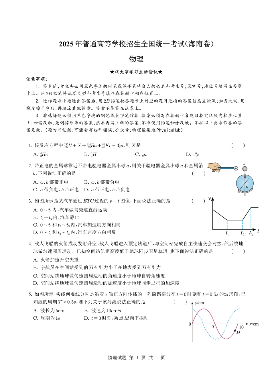 2025年普通高中学业水平选择性考试海南卷物理.pdf_第1页