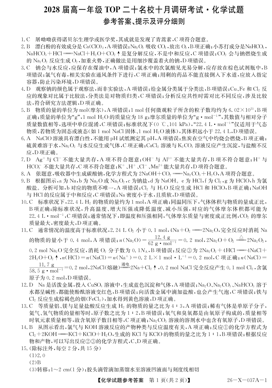 2028届高一年级TOP二十名校十月调研考试()化学(鲁科)答案.pdf_第1页