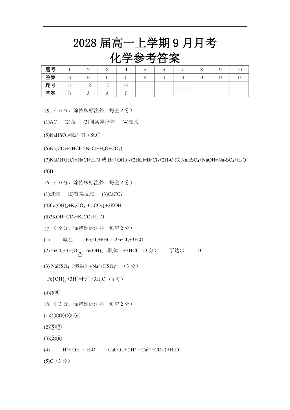 2028届高一上学期9月月考化学答案.pdf_第1页