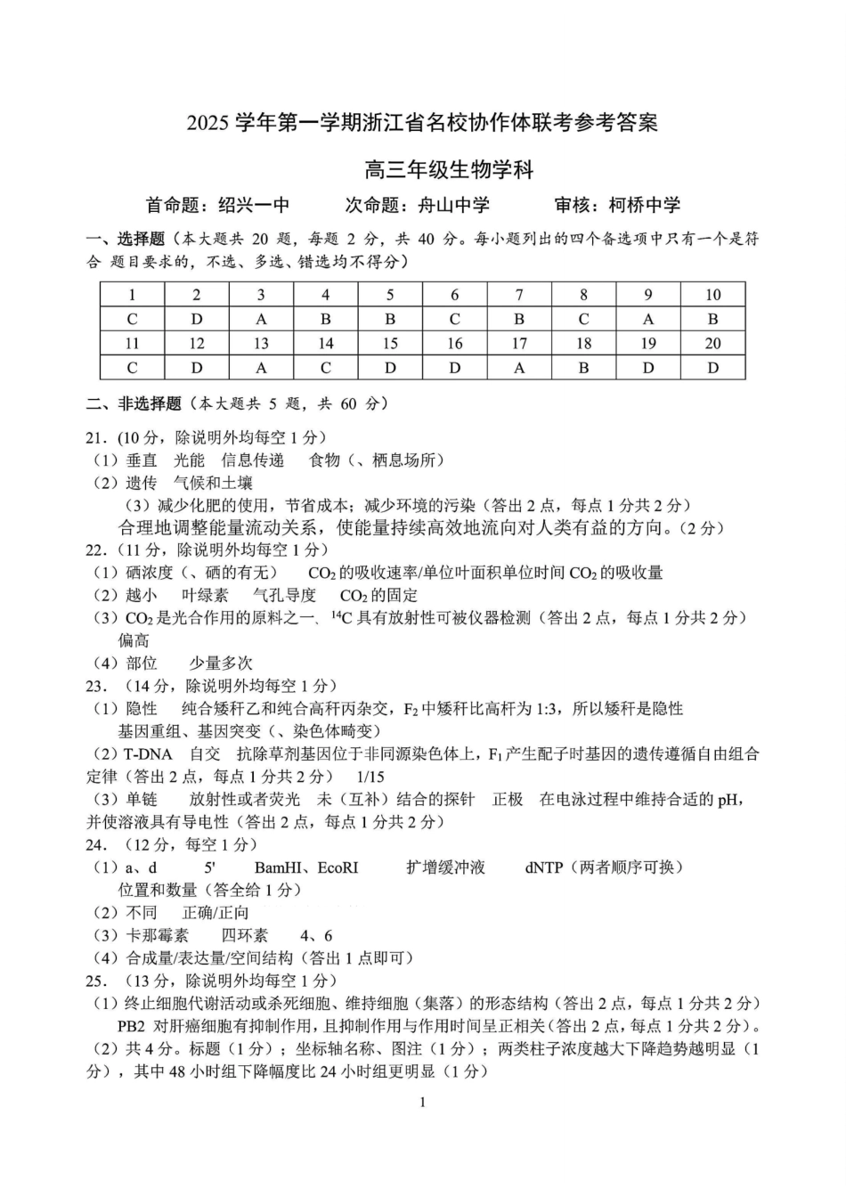 G12名校协作体2025学年第一学期高三9月暑假返校考生物答案.pdf_第1页