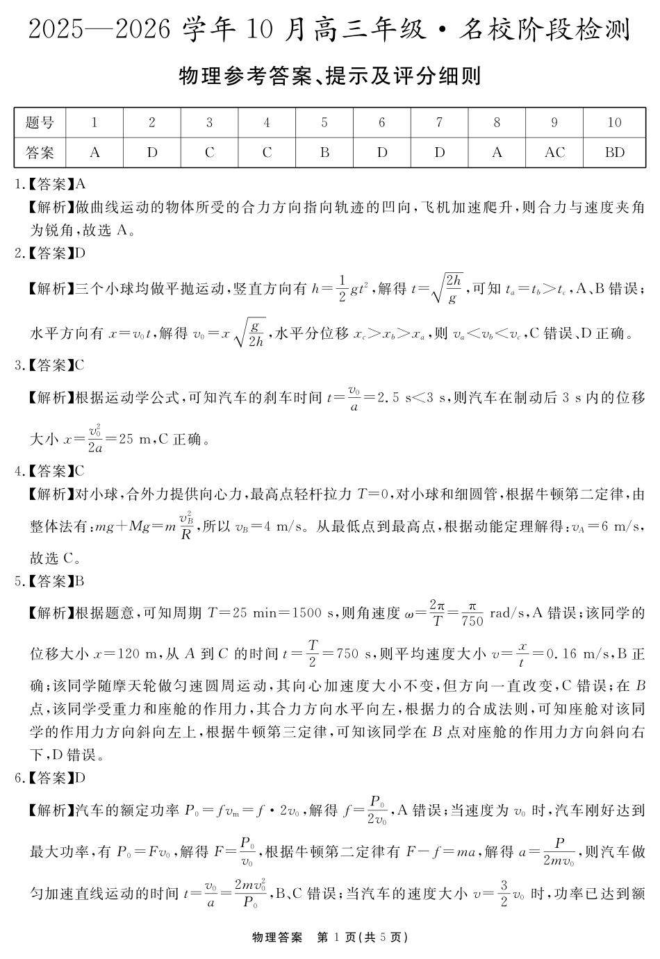 安徽省2025-2026学年度“耀正优”高三年级10月阶段检测物理答案.pdf_第1页