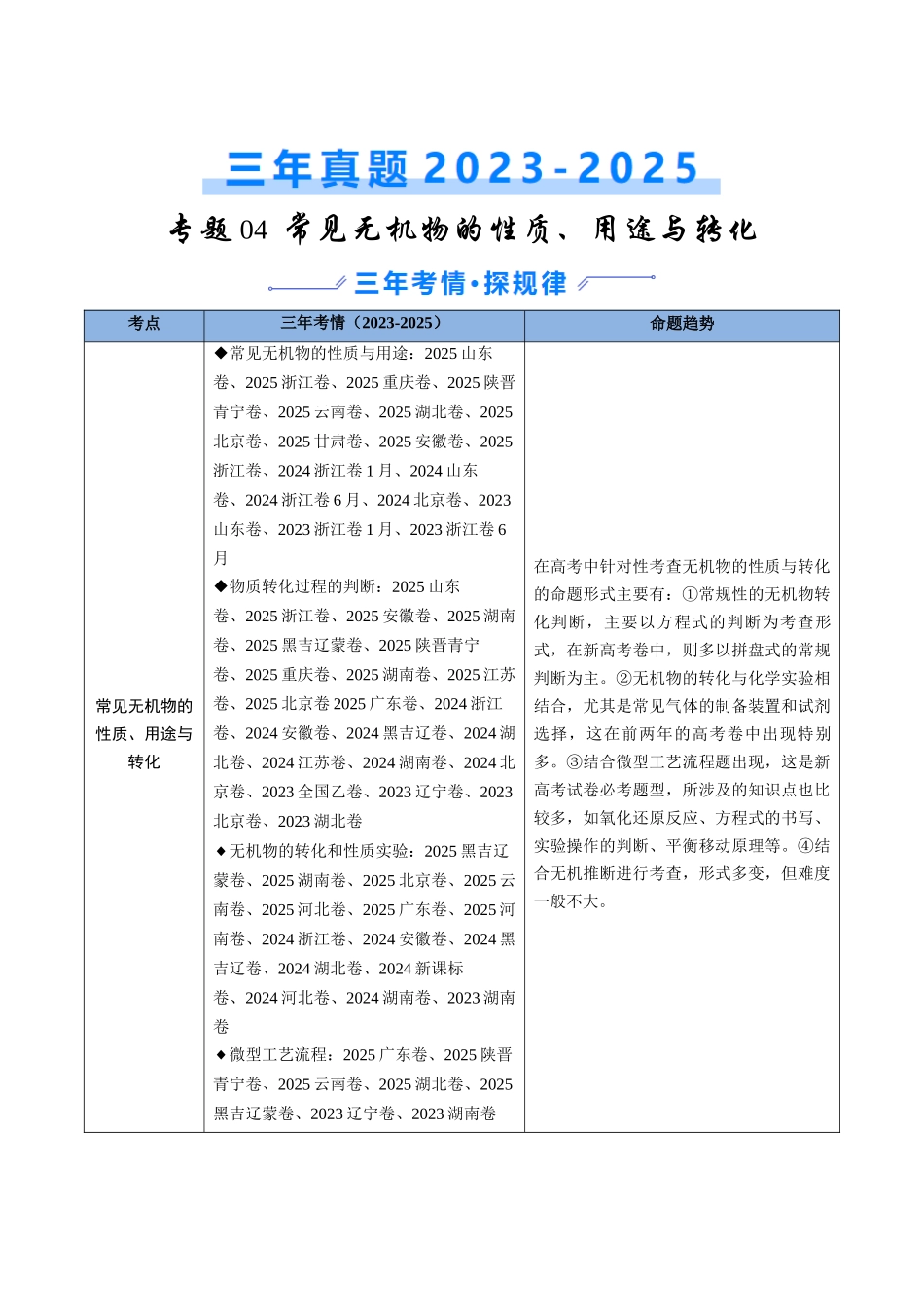 备战2026年高考化学三年（2023-2025）真题汇编（通用版）专题04常见无机物的性质、用途与转化（解析版）.docx_第1页