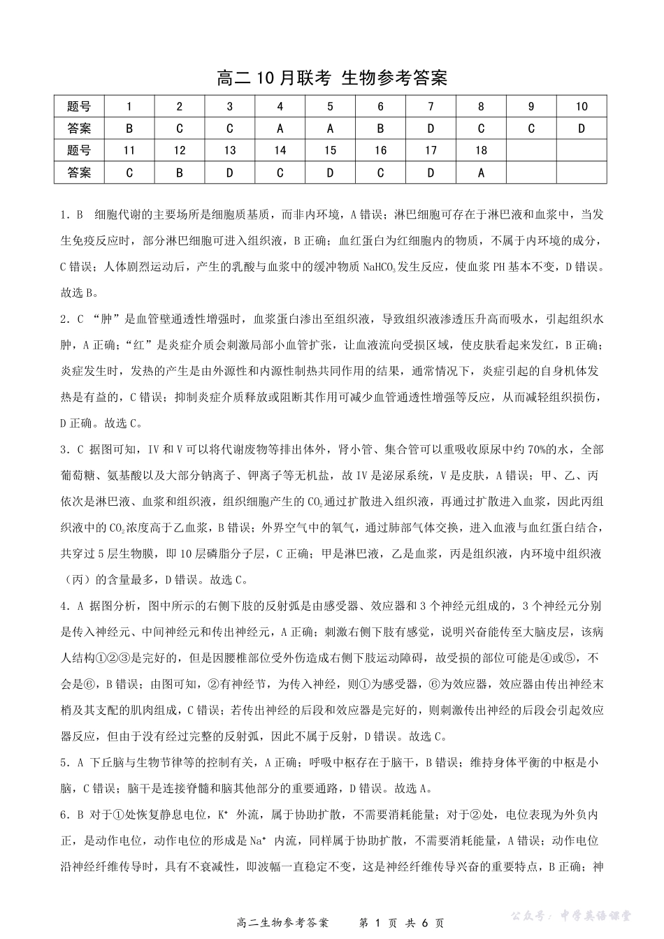 楚天协作体2025-2026学年度上学期高二10月月考生物答案.pdf_第1页